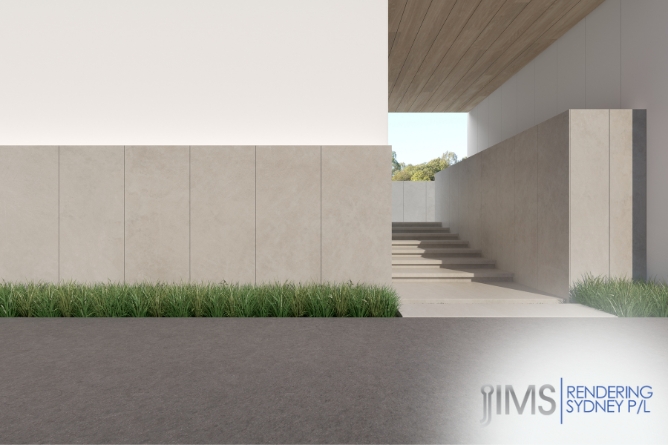 A modern house with a staircase and a light colored cement rendered exterior in Sydney. In front of the house is a grassy area.